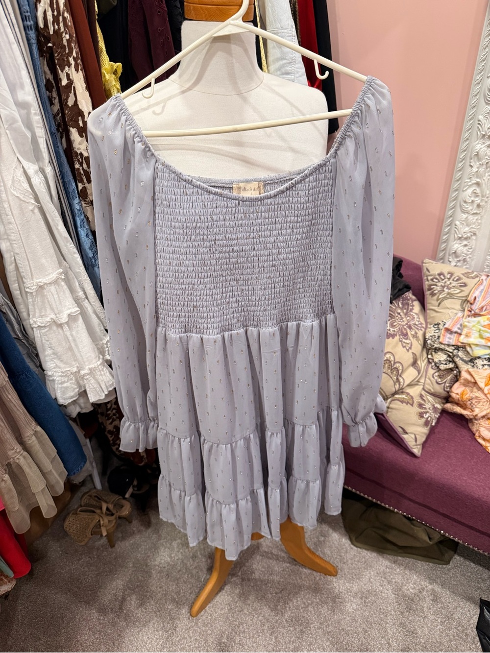 Light Lavender Smocked Tiered Long Sleeve Dress